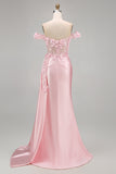 Floral Pink Corset Ruched Mermaid Long Prom Dress with Side Cape
