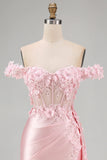Floral Pink Corset Ruched Mermaid Long Prom Dress with Side Cape