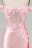 Floral Pink Corset Ruched Mermaid Long Prom Dress with Side Cape
