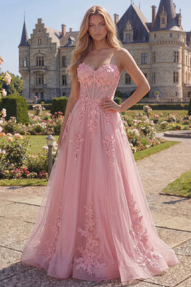 A Line Strapless Floral Pink Corset Long Prom Dress