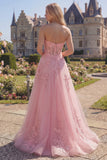 A Line Strapless Floral Pink Corset Long Prom Dress
