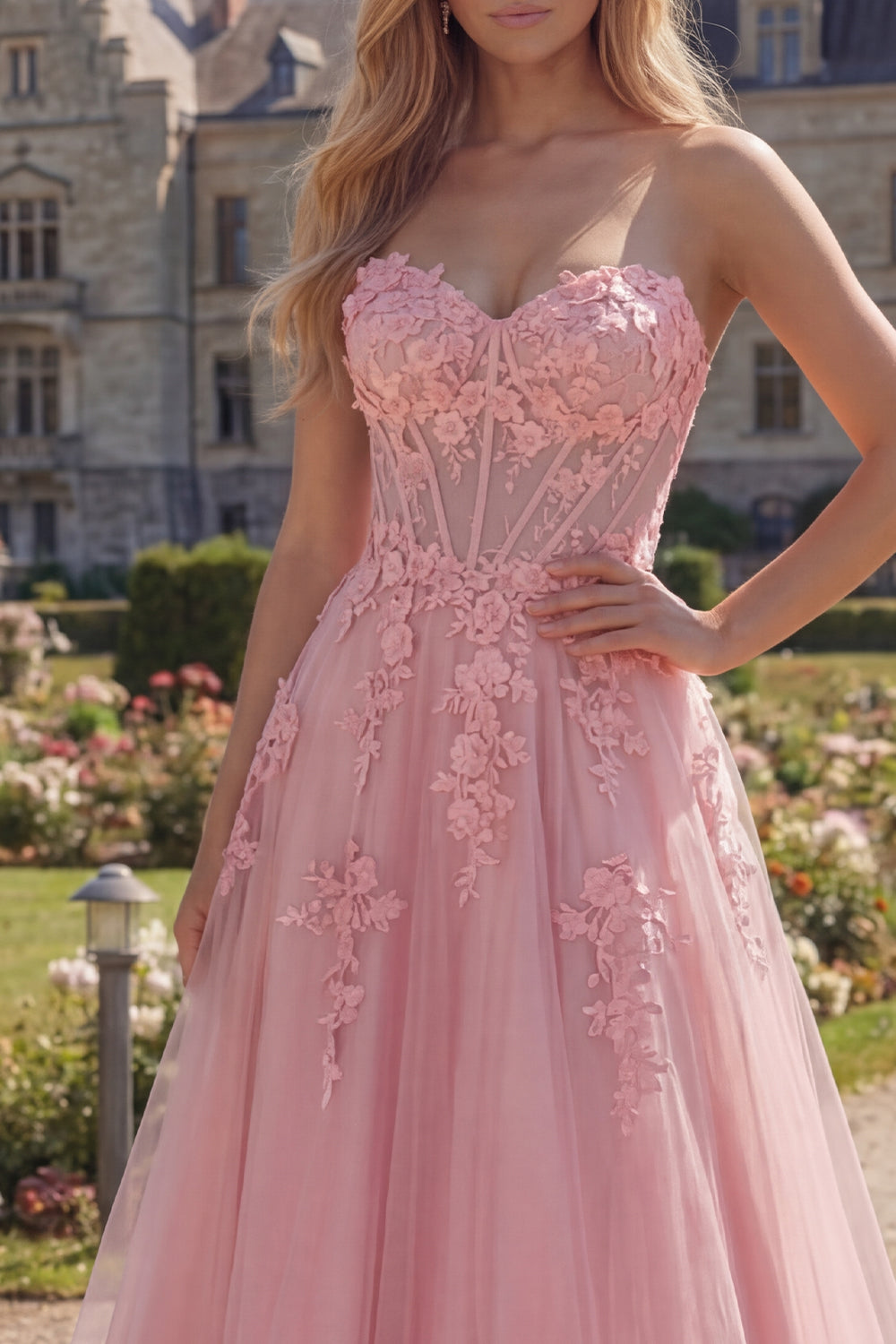 A Line Strapless Floral Pink Corset Long Prom Dress