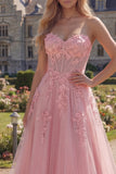 A Line Strapless Floral Pink Corset Long Prom Dress