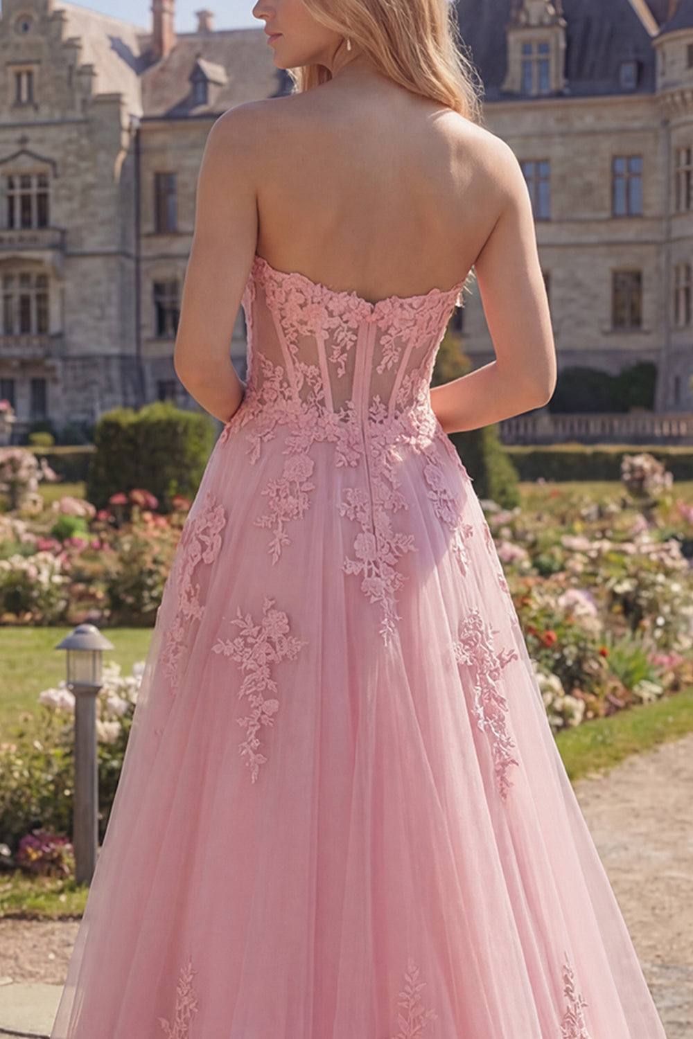 A Line Strapless Floral Pink Corset Long Prom Dress