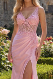 Floral V-Neck Pink Corset Ruched Mermaid Long Prom Dress with Slit