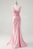 Floral V-Neck Pink Corset Ruched Mermaid Long Prom Dress with Slit