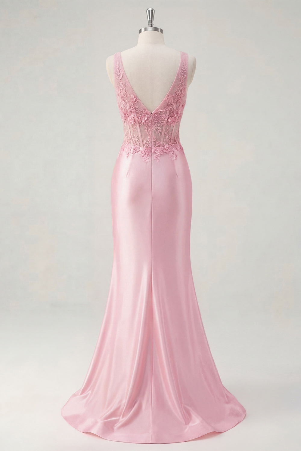 Zapakasa Women Floral Pink Satin Corset Long Prom Dress with Slit V