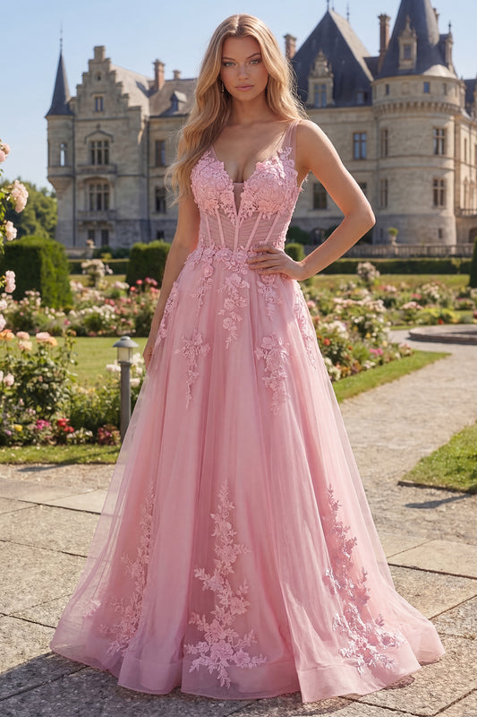Long Floral Pink Corset A Line V-Neck Prom Dress