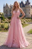 Long Floral Pink Corset A Line V-Neck Prom Dress