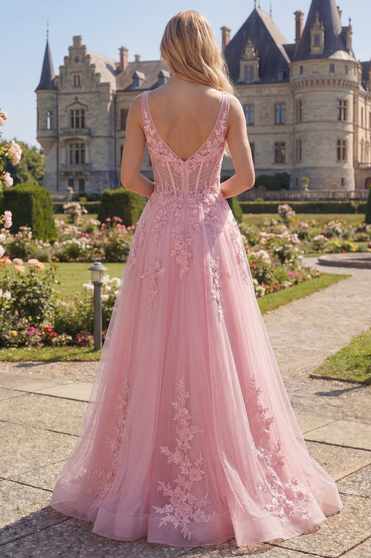 Long Floral Pink Corset A Line V-Neck Prom Dress
