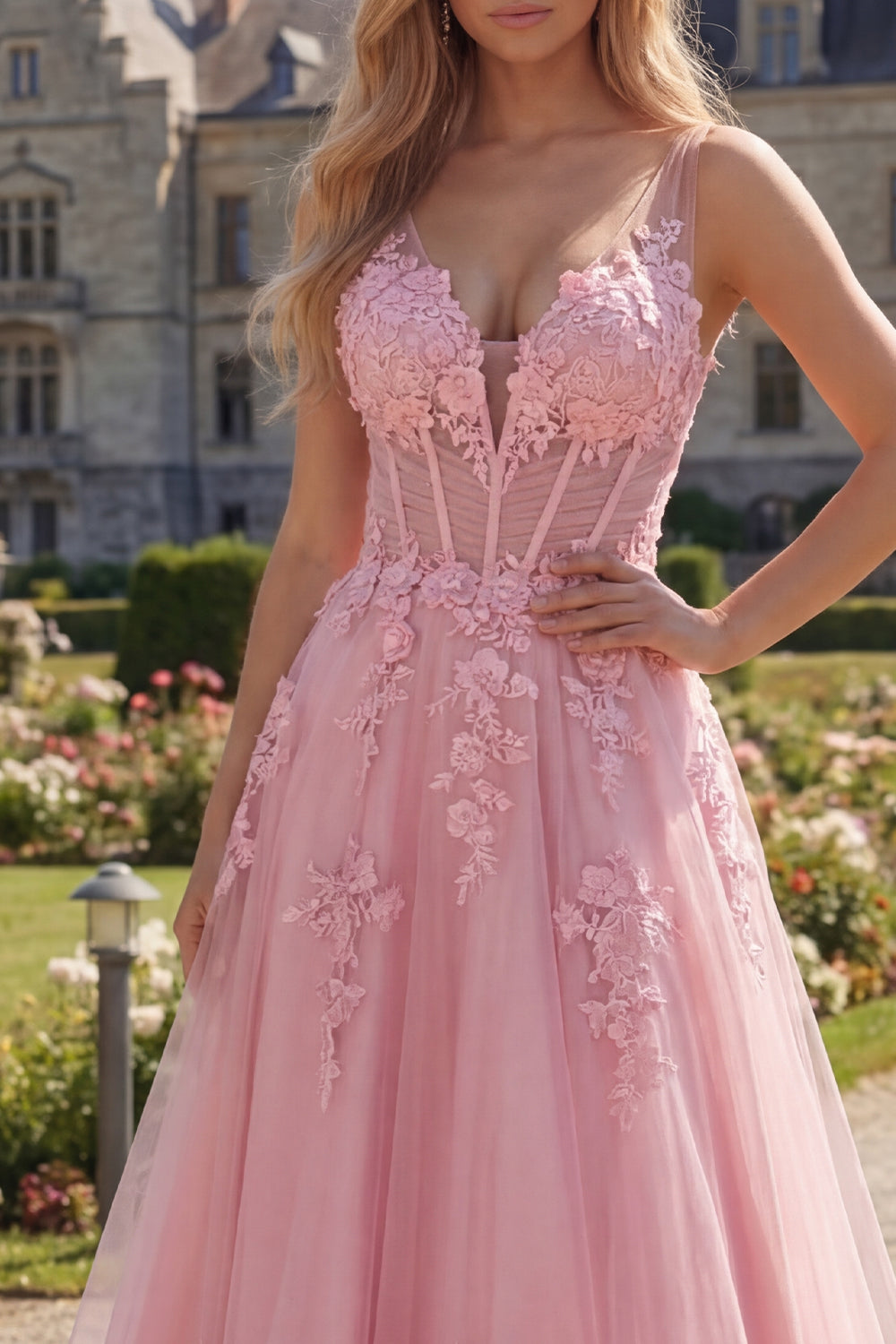 Long Floral Pink Corset A Line V-Neck Prom Dress