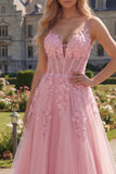 Long Floral Pink Corset A Line V-Neck Prom Dress