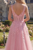 Long Floral Pink Corset A Line V-Neck Prom Dress