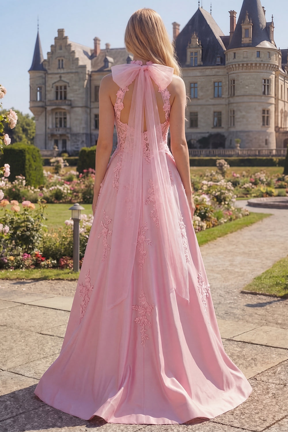 Zapakasa Women Floral Pink Satin Corset Long Prom Dress with Bow High