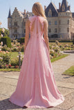 A Line Floral Pink Corset Long High Neck Prom Dress with Bow