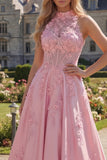 A Line Floral Pink Corset Long High Neck Prom Dress with Bow