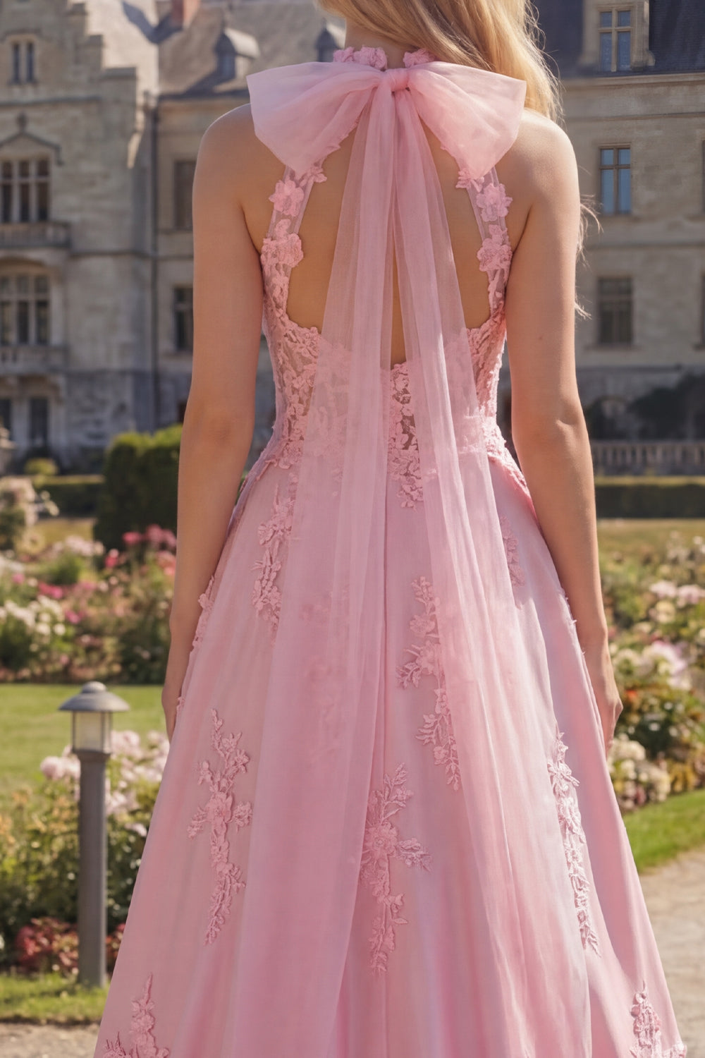 A Line Floral Pink Corset Long High Neck Prom Dress with Bow