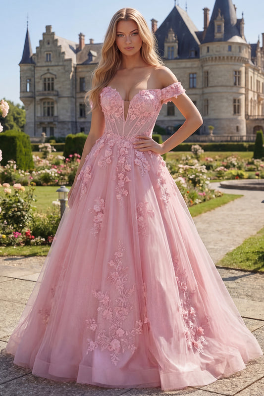 Off the Shoulder A Line Floral Pink Corset Long Prom Dress