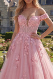 Off the Shoulder A Line Floral Pink Corset Long Prom Dress