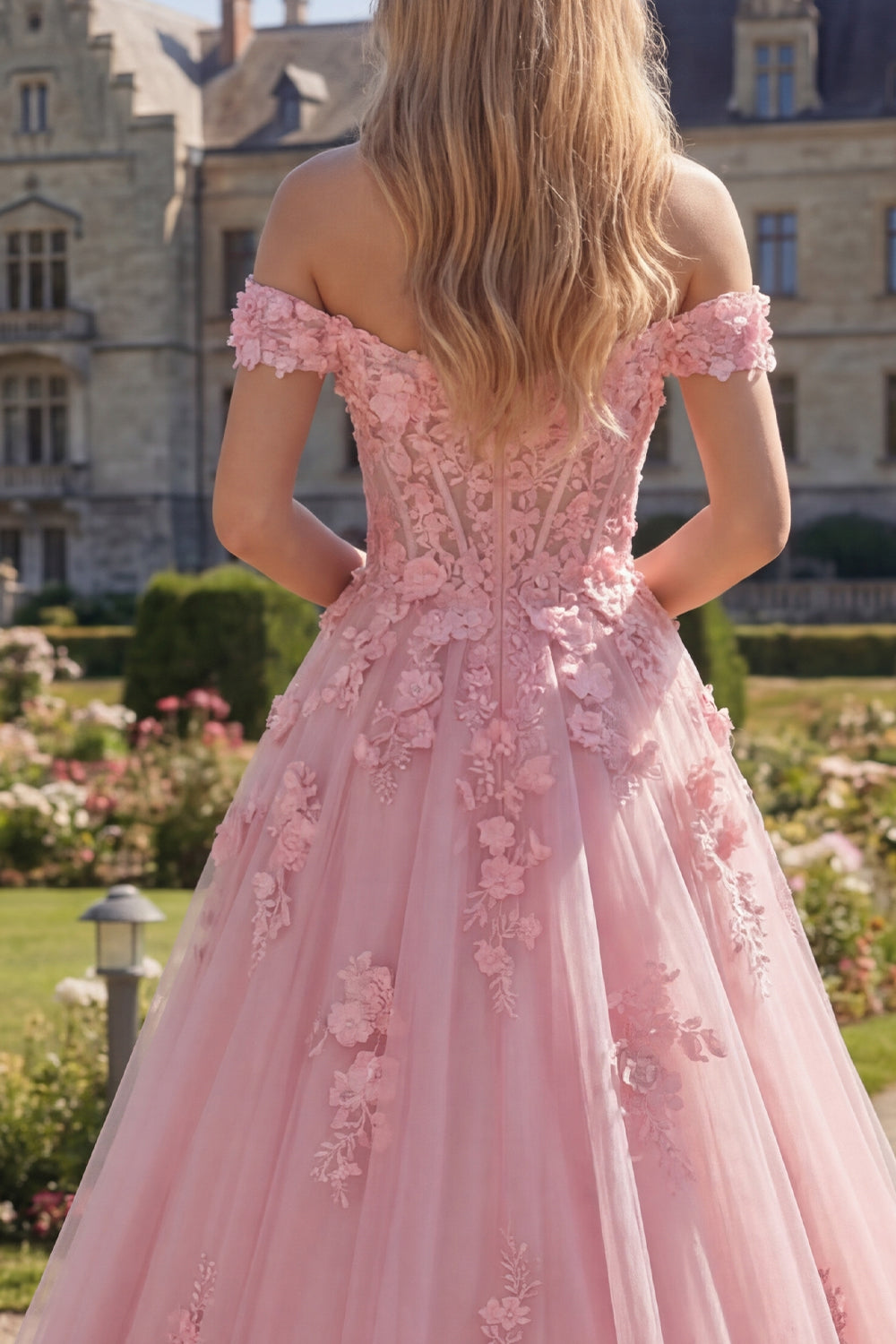 Off the Shoulder A Line Floral Pink Corset Long Prom Dress