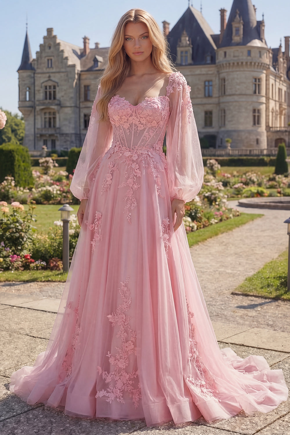 Long A Line Floral Pink Corset Long Sleeves Prom Dress