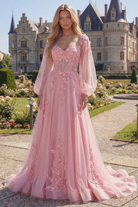 Long A Line Floral Pink Corset Long Sleeves Prom Dress