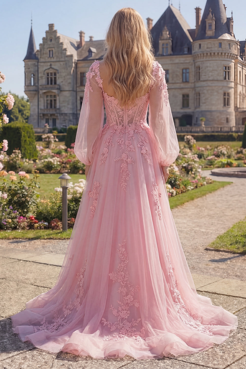 Long A Line Floral Pink Corset Long Sleeves Prom Dress