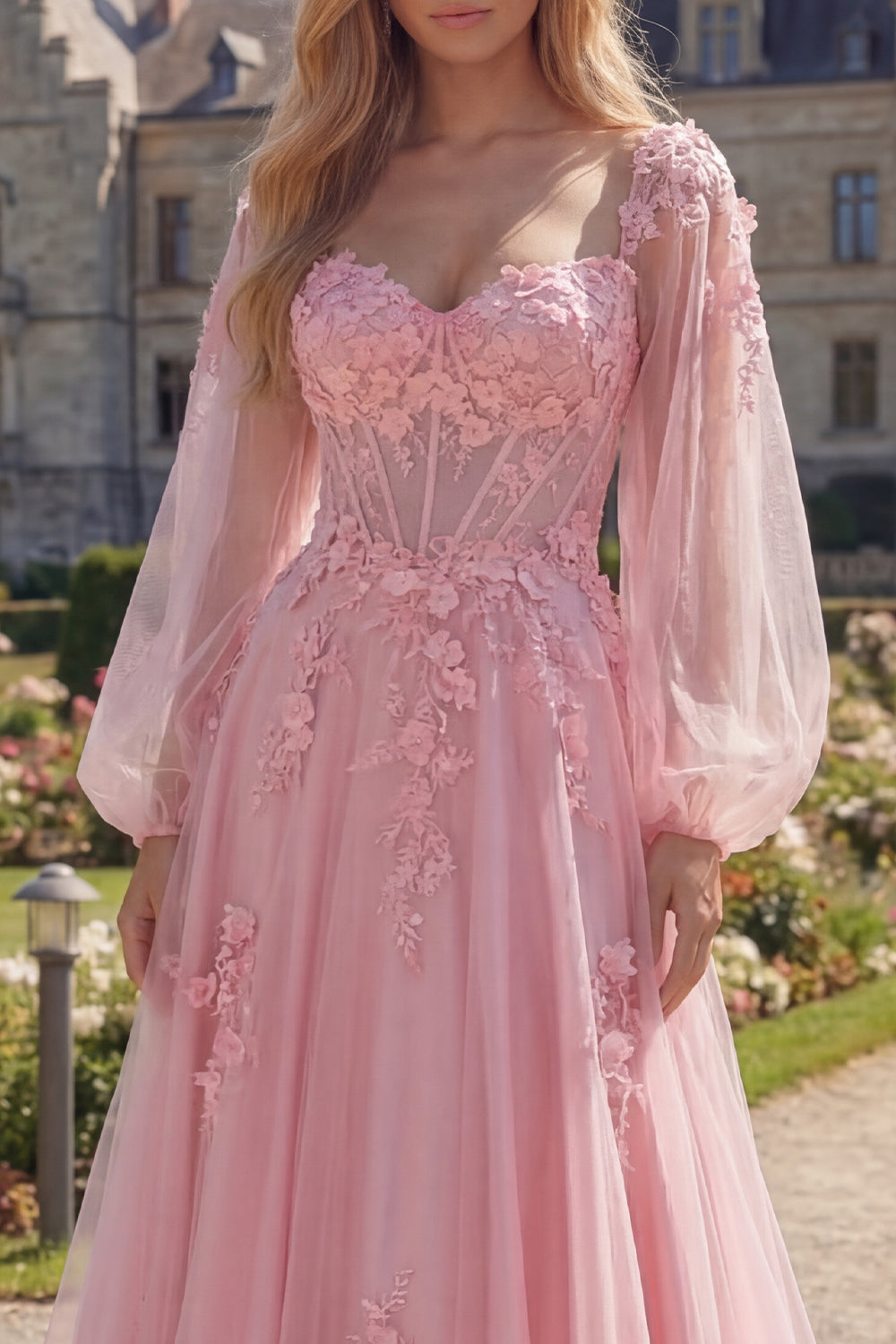 Long A Line Floral Pink Corset Long Sleeves Prom Dress