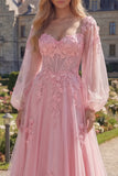 Long A Line Floral Pink Corset Long Sleeves Prom Dress