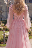Long A Line Floral Pink Corset Long Sleeves Prom Dress