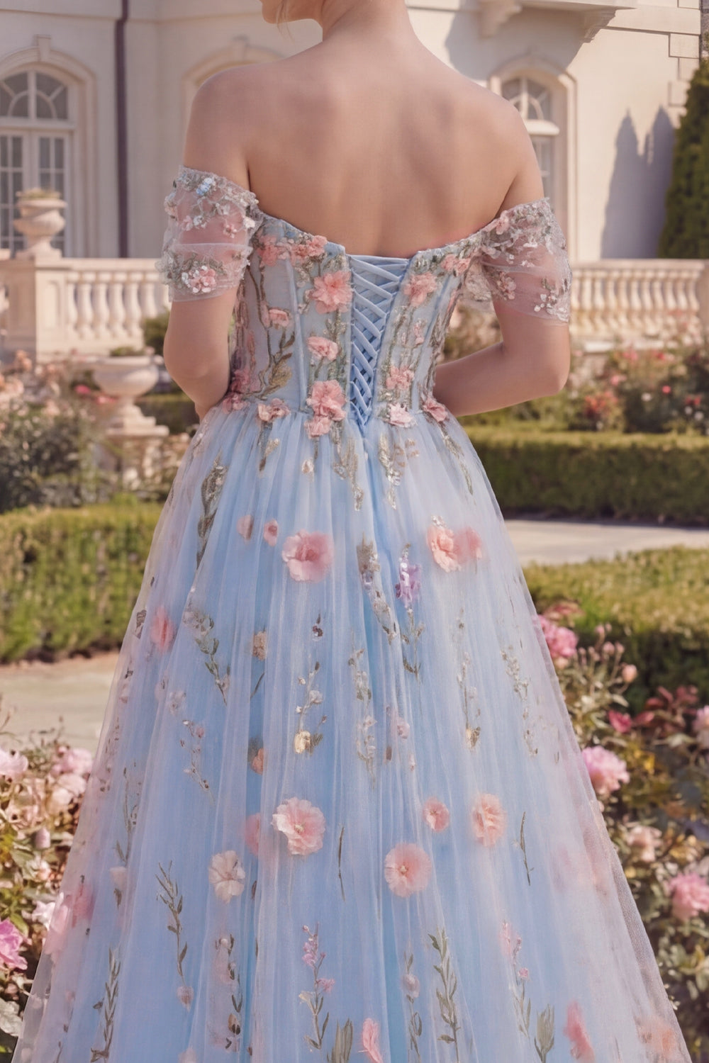 High Low Off the Shoulder A Line Floral Blue Corset Prom Dress