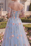High Low Off the Shoulder A Line Floral Blue Corset Prom Dress