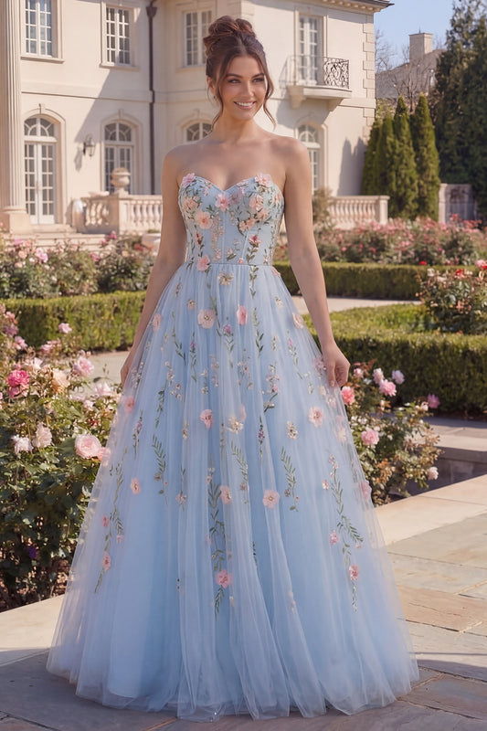Long Strapless A Line Floral Blue Corset Prom Dress