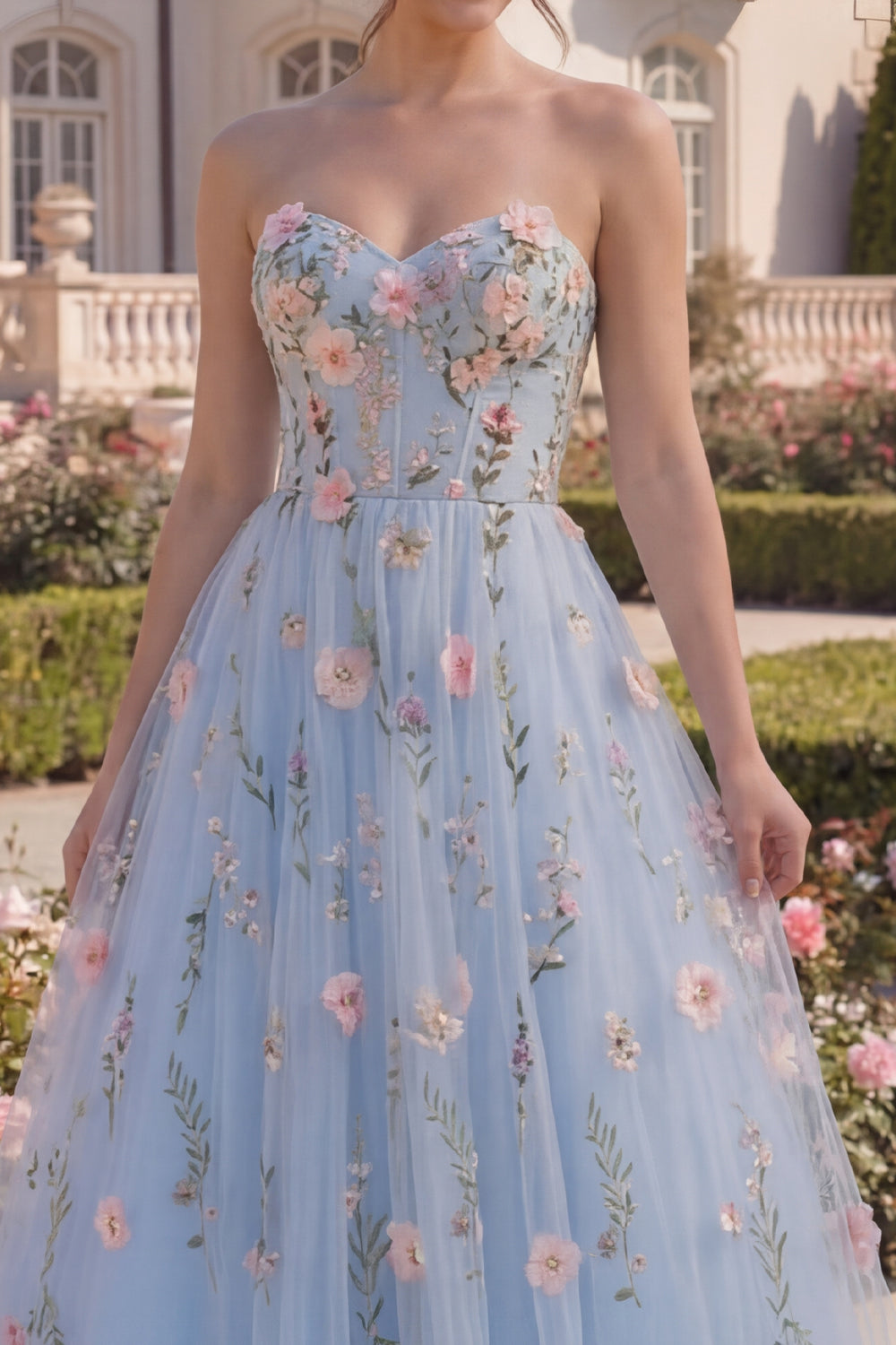 Long Strapless A Line Floral Blue Corset Prom Dress