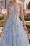 Long Strapless A Line Floral Blue Corset Prom Dress