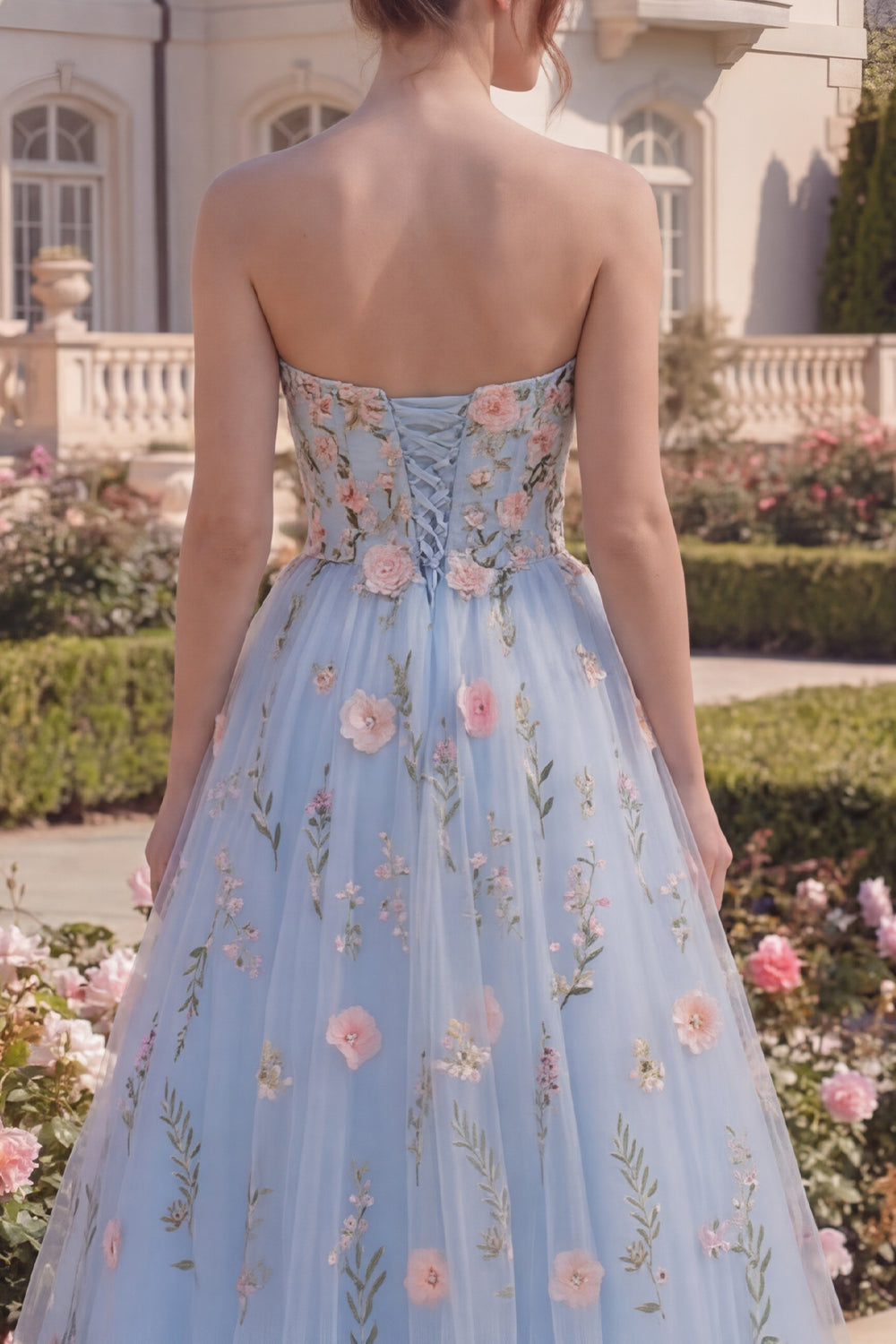 Long Strapless A Line Floral Blue Corset Prom Dress