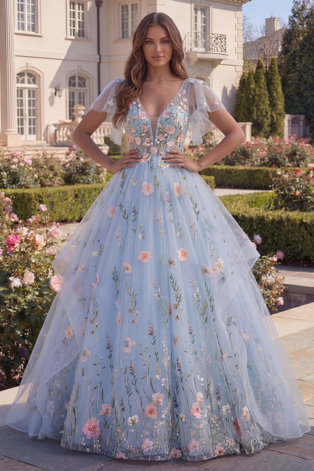 Floral Long V-Neck A Line Blue Corset Prom Dress with Ruffles