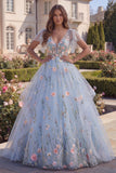 Floral Long V-Neck A Line Blue Corset Prom Dress with Ruffles