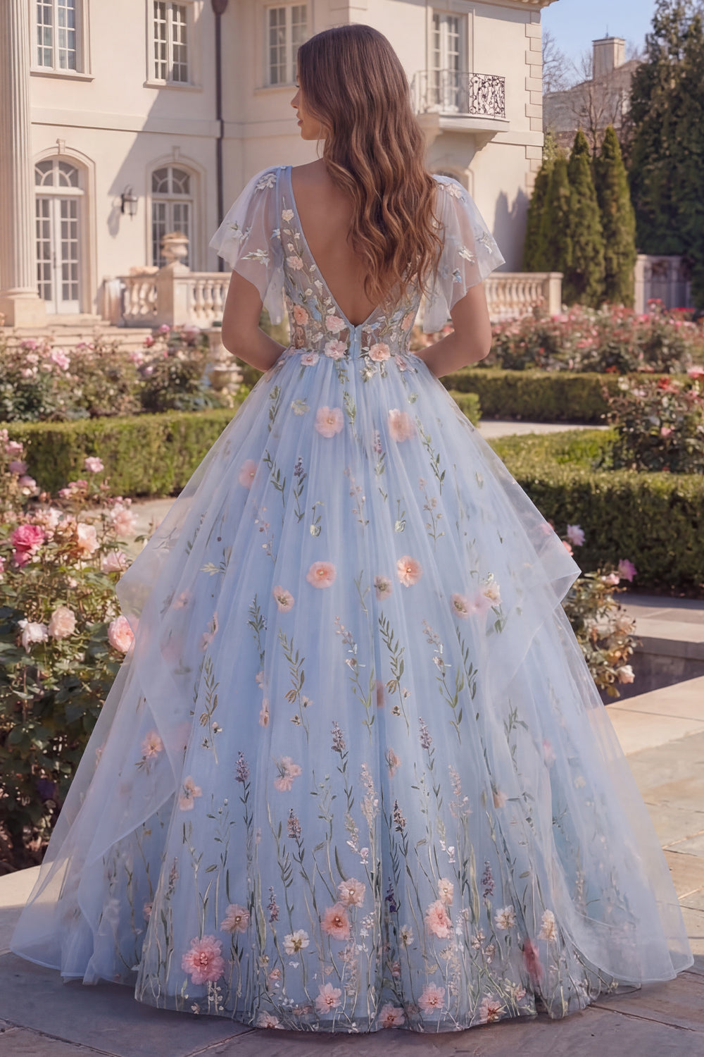 Floral Long V-Neck A Line Blue Corset Prom Dress with Ruffles