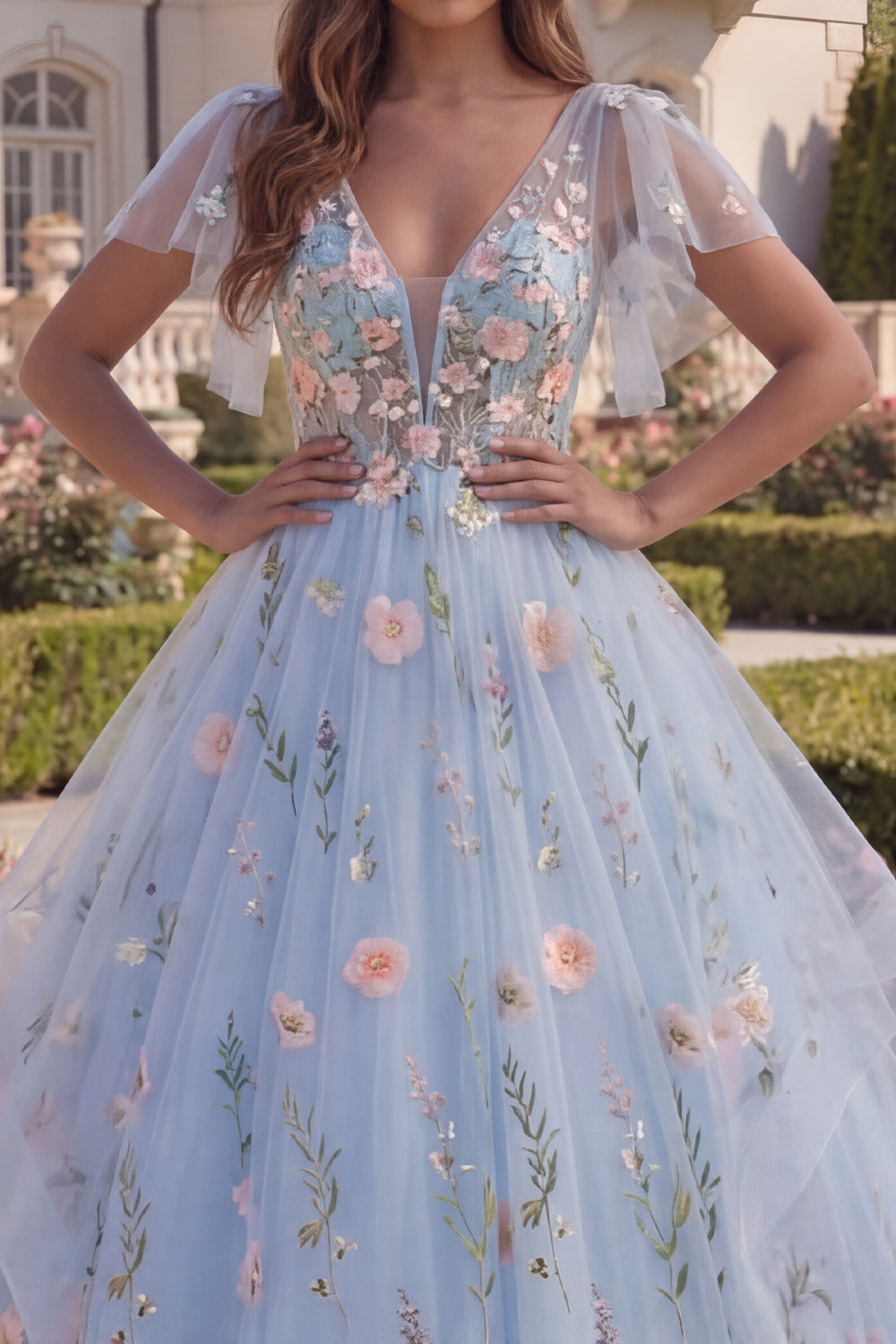 Floral Long V-Neck A Line Blue Corset Prom Dress with Ruffles