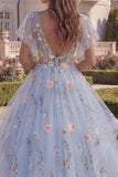 Floral Long V-Neck A Line Blue Corset Prom Dress with Ruffles