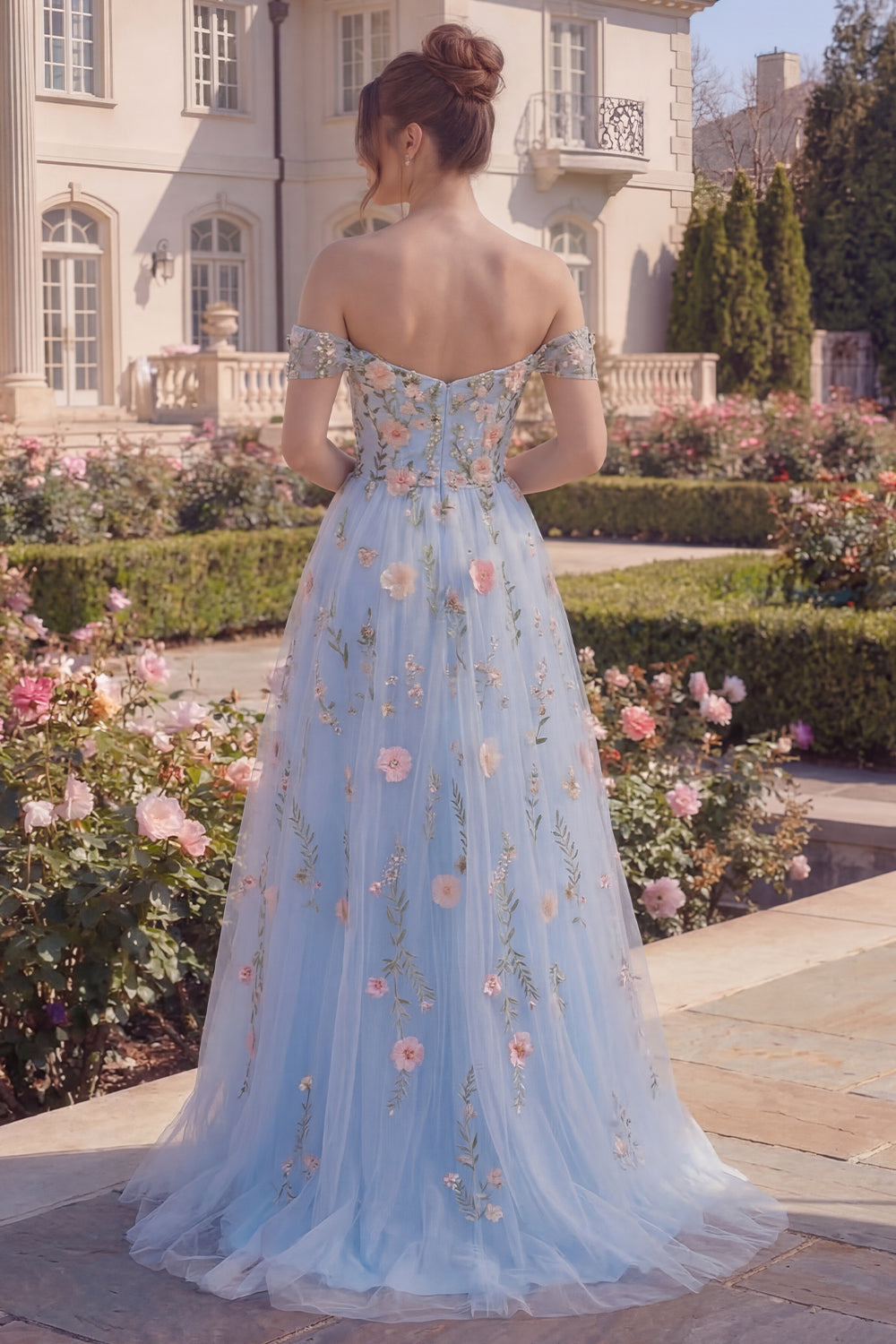 Off the Shoulder A Line Floral Asymmetrical Blue Corset Prom Dress