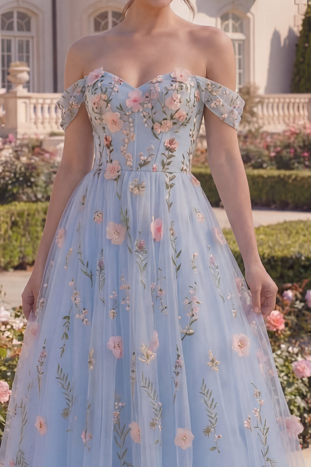 Off the Shoulder A Line Floral Asymmetrical Blue Corset Prom Dress