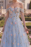 Off the Shoulder A Line Floral Asymmetrical Blue Corset Prom Dress