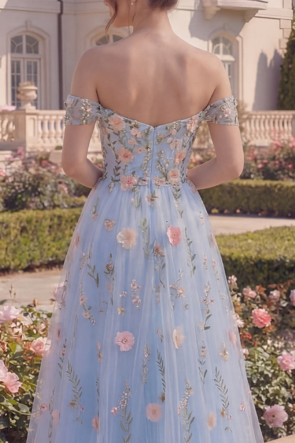 Off the Shoulder A Line Floral Asymmetrical Blue Corset Prom Dress
