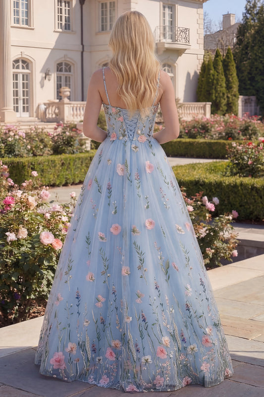 A Line Floral Blue Long Spaghetti Straps Corset Prom Dress