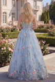 A Line Floral Blue Long Spaghetti Straps Corset Prom Dress