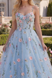 A Line Floral Blue Long Spaghetti Straps Corset Prom Dress