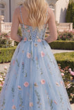 A Line Floral Blue Long Spaghetti Straps Corset Prom Dress