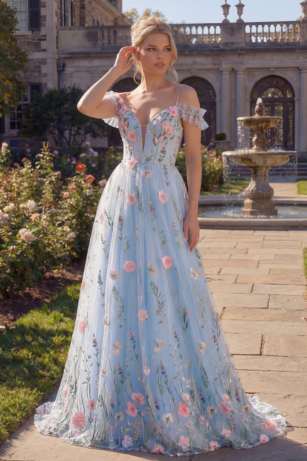 Zapakasa Women Floral Blue Corset Tulle Long Prom Dress Cold Shoulder A
